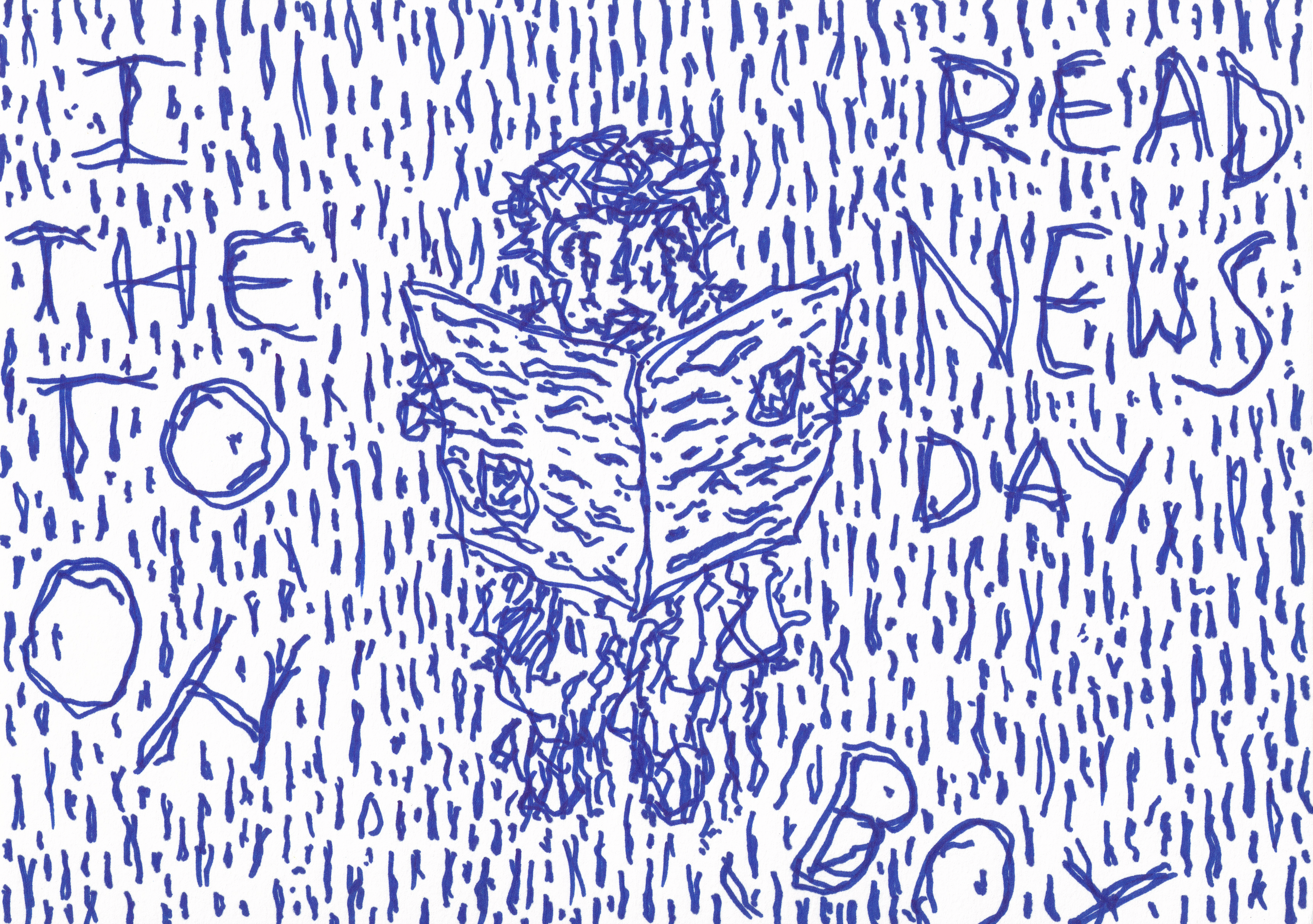 Boy reading the news in the rain